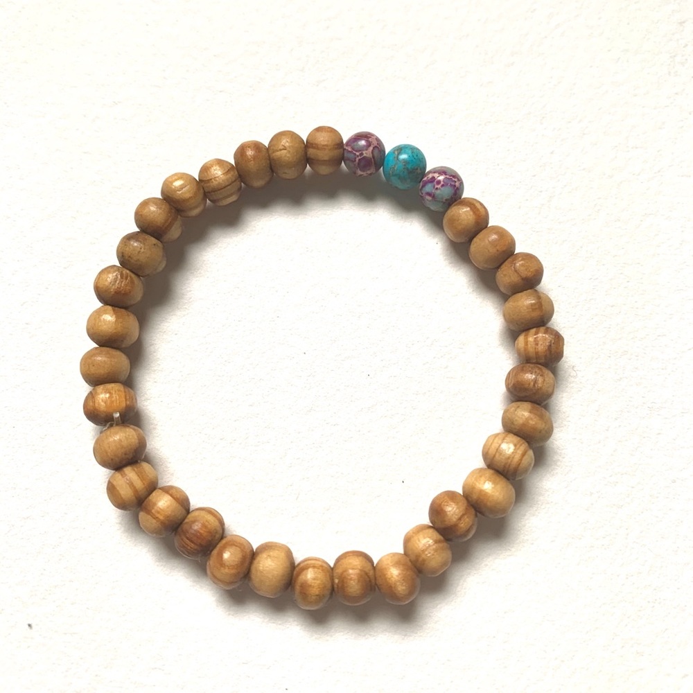 wooden bracelet with purple and turquoise